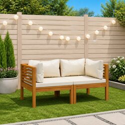 2-Seater Garden Sofa Outdoor Lounge Set Solid Acacia Wood Cream Cushions Patio