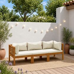 3-Seater Outdoor Garden Sofa Lounge Set Acacia Wood Frame Cream Cushions Modular