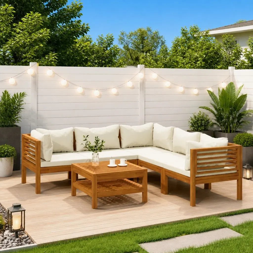 Garden Lounge Set 6 Piece Outdoor Furniture Acacia Wood Modular Sofa Patio Cream
