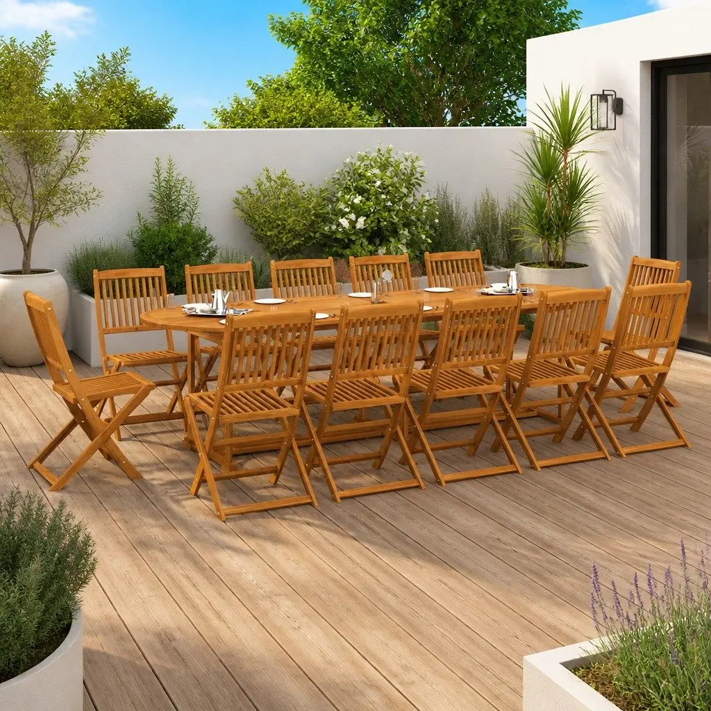 Garden Dining Set 13 Piece Outdoor Furniture Solid Acacia Wood Table and Folding Chairs Brown