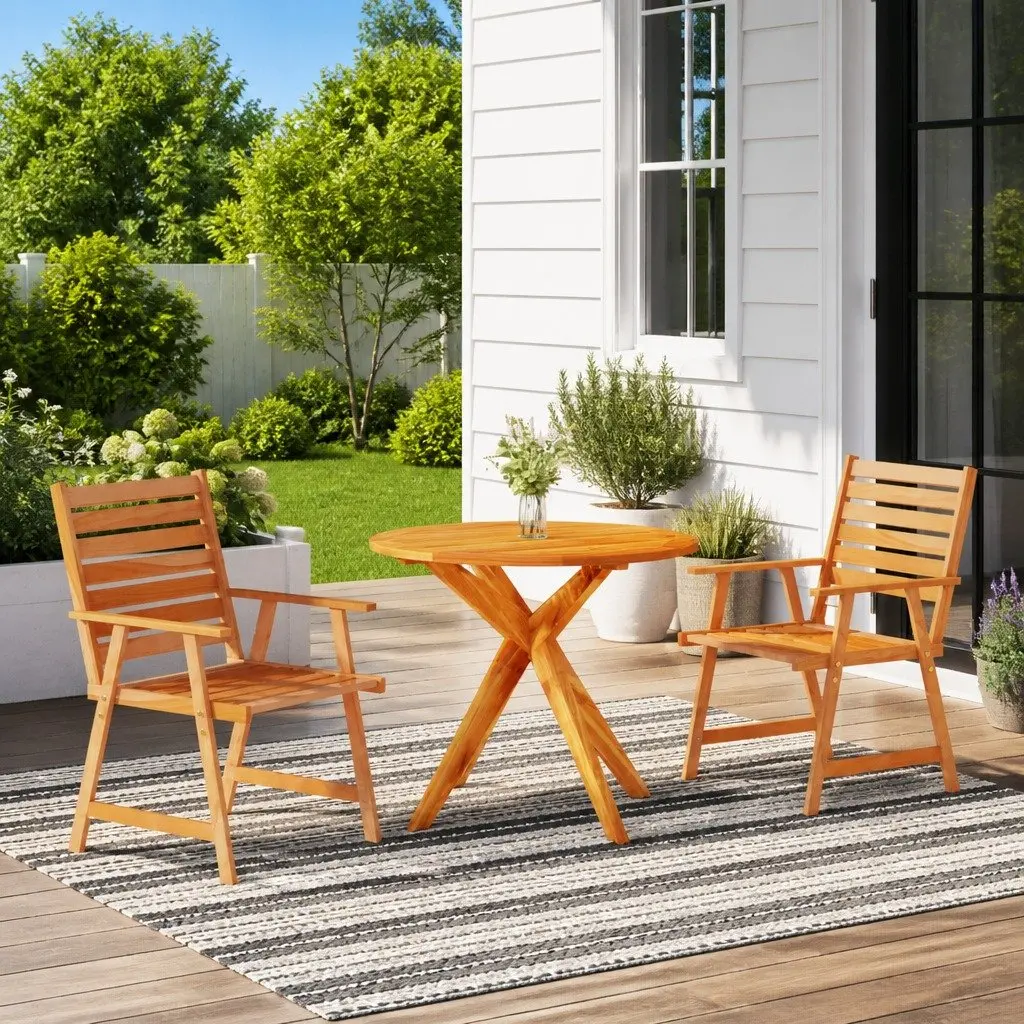 Garden Dining Set Solid Acacia Wood 3 Piece Outdoor Patio Furniture Brown Table Chairs