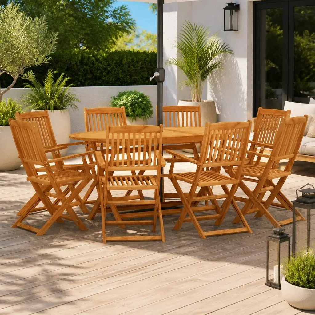 Outdoor Dining Set Folding Eucalyptus Wood 9 Piece Brown