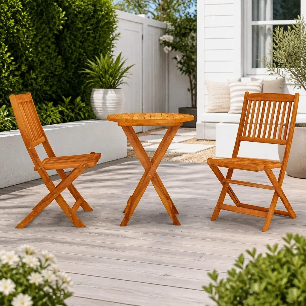 Folding Outdoor Dining Set Eucalyptus Wood Brown Space Saving 3 Piece Garden Patio Furniture