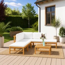 6 Piece Garden Lounge Set Outdoor Patio Furniture Teak Wood with Cream Cushions