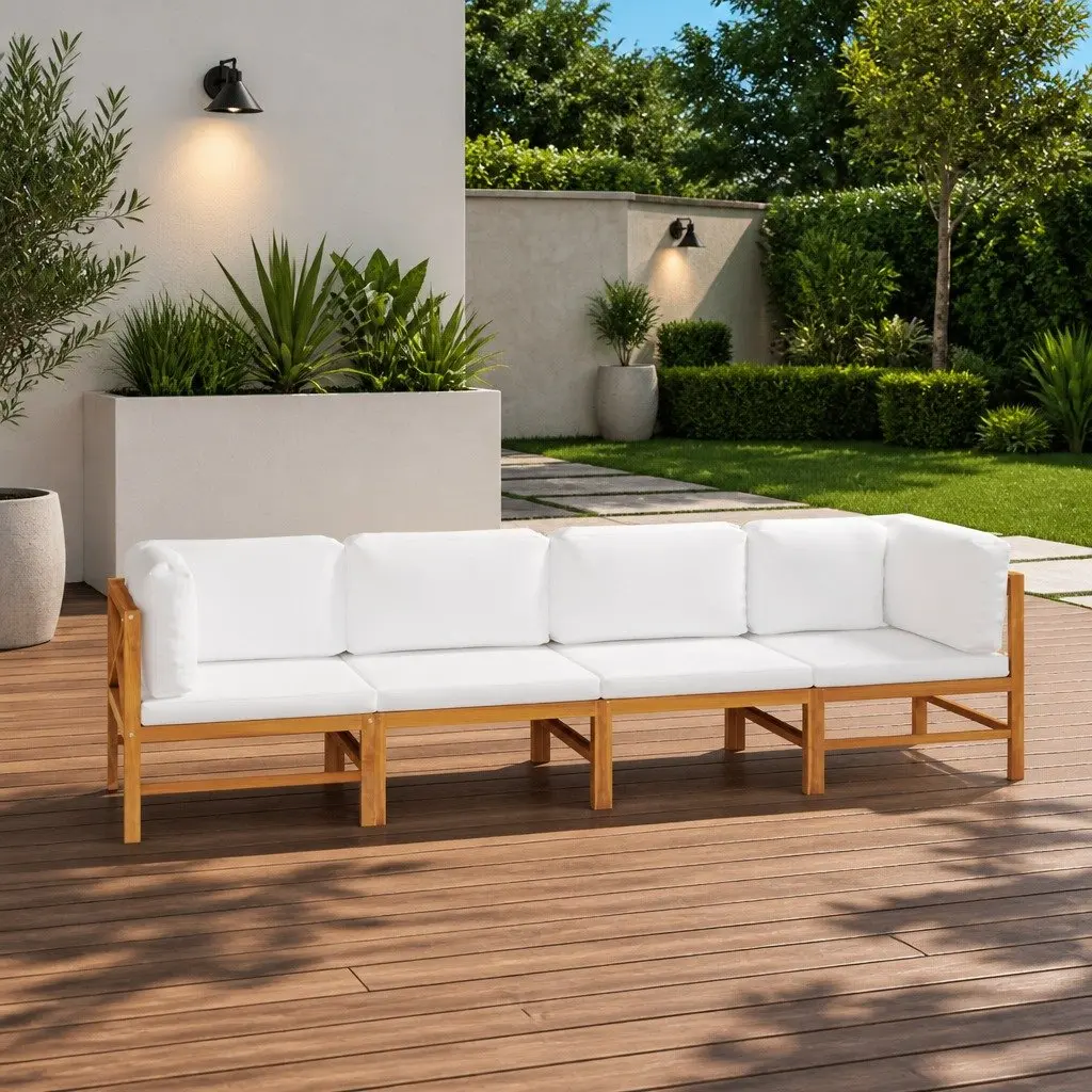 Teak Wood Outdoor Lounge Sofa Cream 4-Seater Garden Couch Durable Weather Resistant