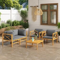 Garden Lounge Set 5 Piece Teak Wood Outdoor Furniture with Grey Cushions