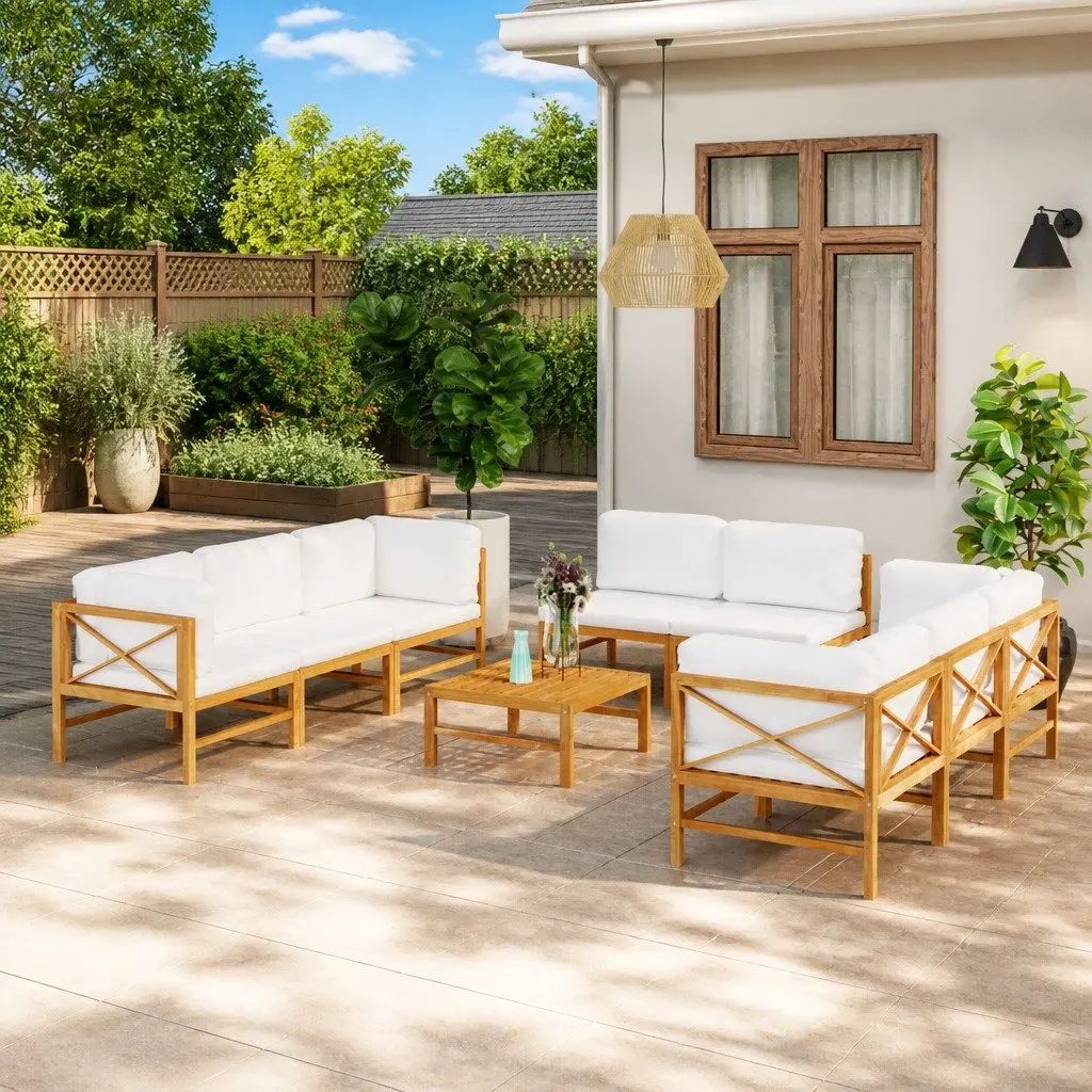 Outdoor Furniture Set 9 Piece Teak Wood Lounge with Cream Cushions for Patio