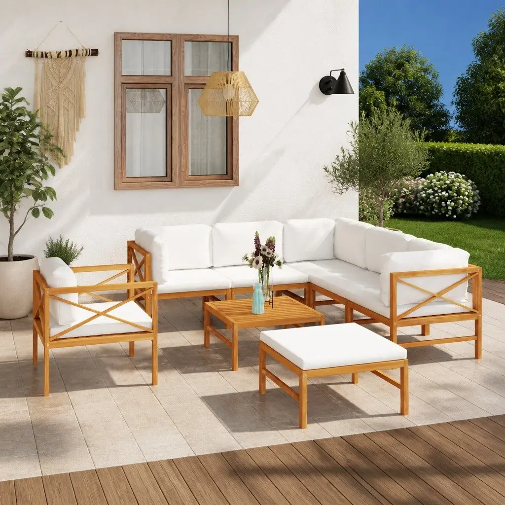 Garden Lounge Set 8 Piece Outdoor Furniture Teak Wood Cream Cushions Patio