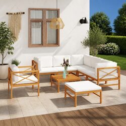 Garden Lounge Set 8 Piece Outdoor Furniture Teak Wood Cream Cushions Patio
