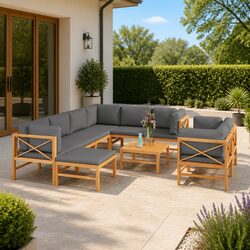 10 Piece Garden Lounge Set Outdoor Furniture with Grey Cushions Teak Wood Patio