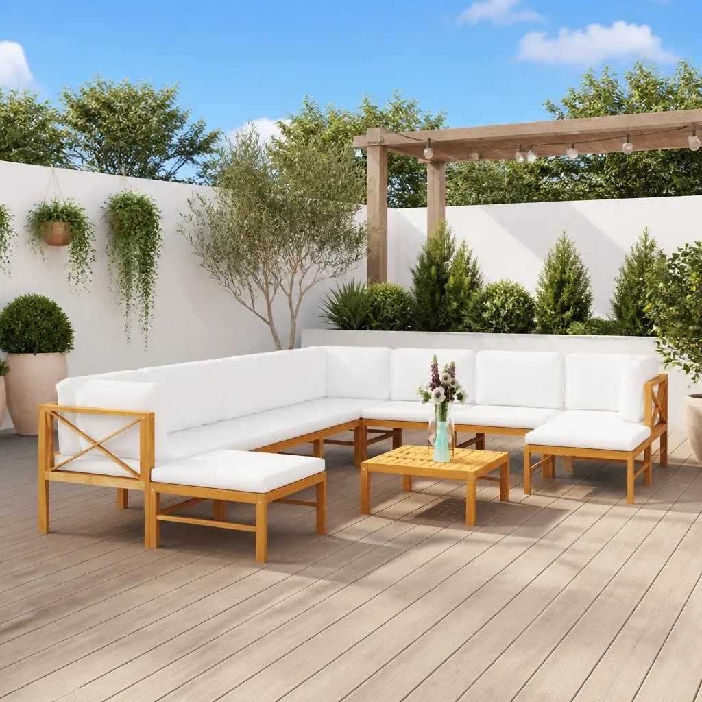 11 Piece Garden Lounge Set Teak Wood Cream Cushions