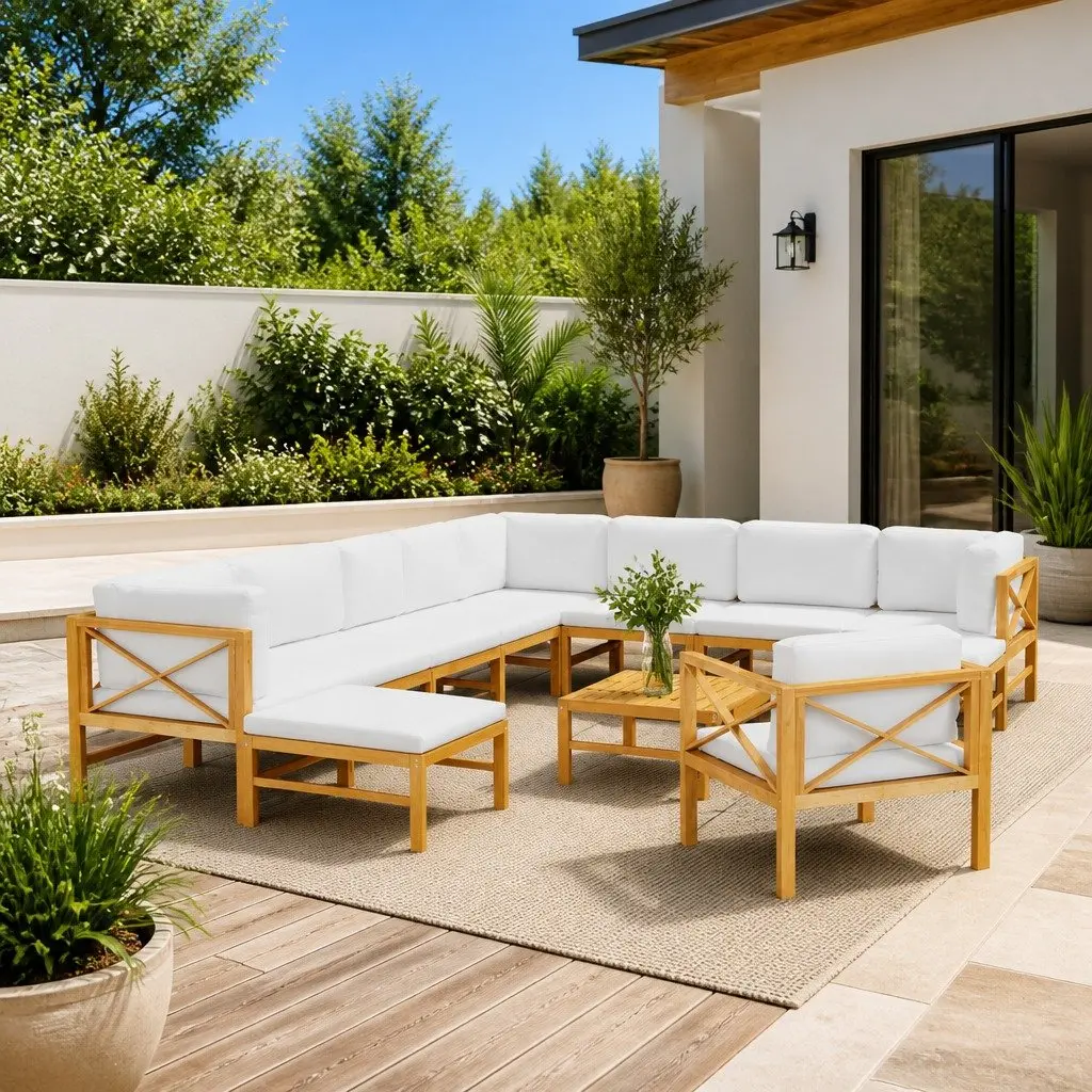 Teak Wood Garden Lounge Set 12 Piece Outdoor Furniture Cream Cushions
