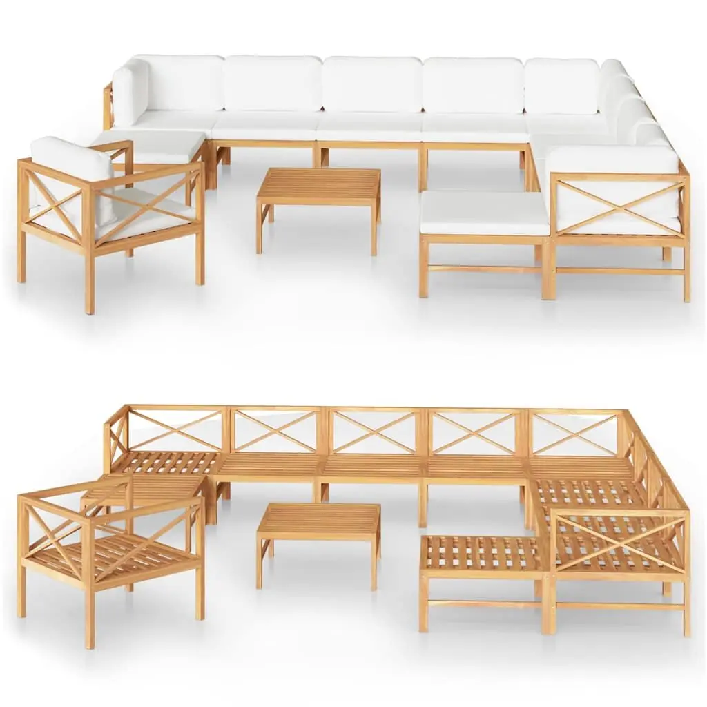 Teak Wood Garden Lounge Set 12 Piece Outdoor Furniture Cream Cushions