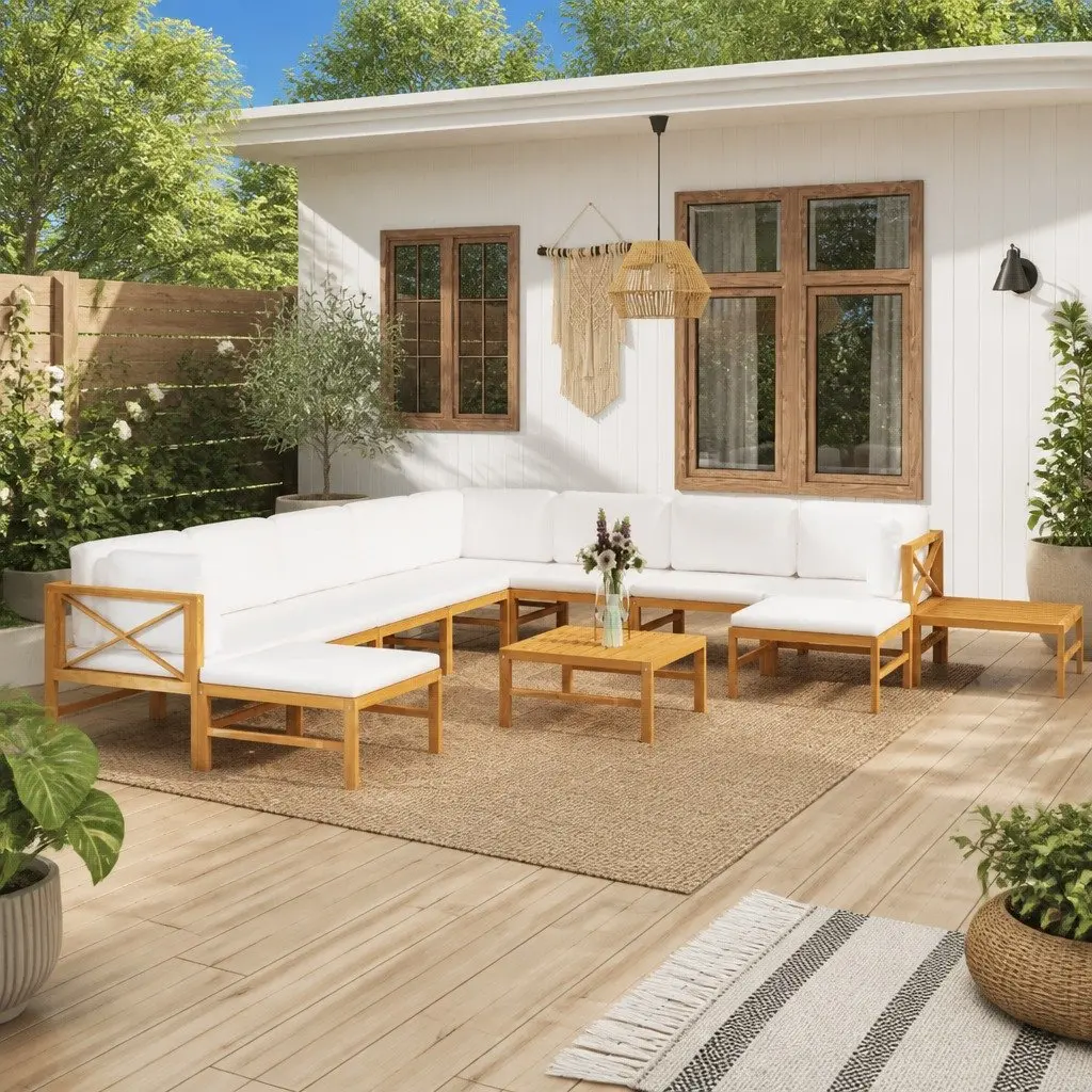 Garden Lounge Set Teak Wood 12 Piece Outdoor Furniture Patio Sofa with Cushions