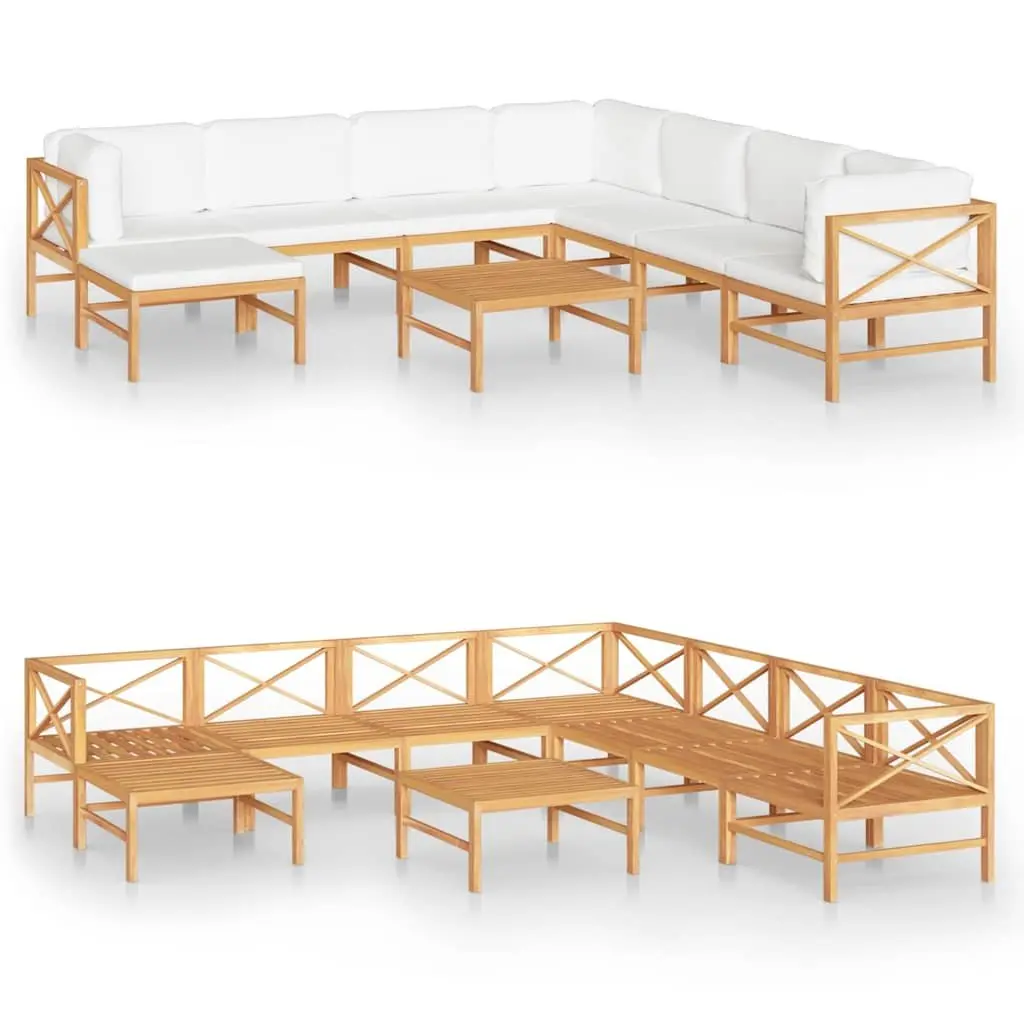 Teak Wood Garden Lounge Set 9 Piece Outdoor Furniture with Cream Cushions