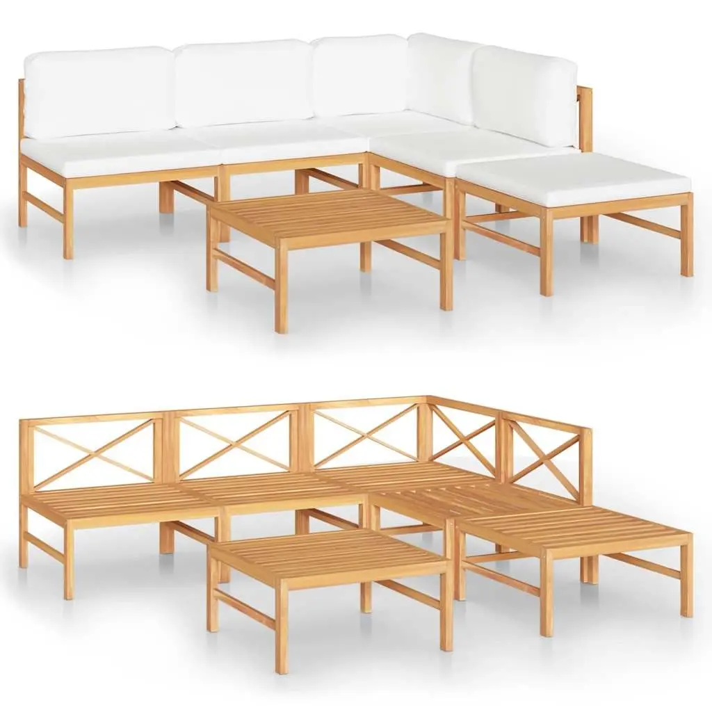 Garden Lounge Set Teak Wood Construction 6 Piece Outdoor Furniture Patio Seating Cream Cushions