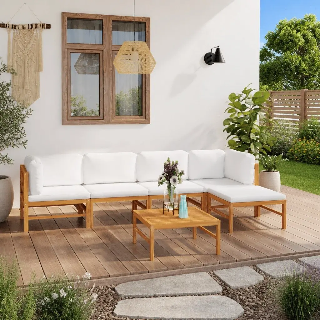 6 Piece Garden Lounge Set Cream Cushions Outdoor Patio Furniture Teak Wood
