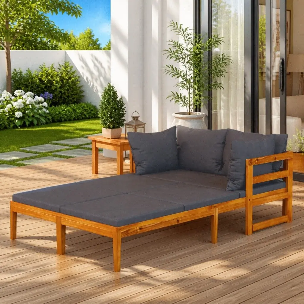 Outdoor Sun Loungers Pair Adjustable Armrest Dark Grey Cushions Acacia Wood