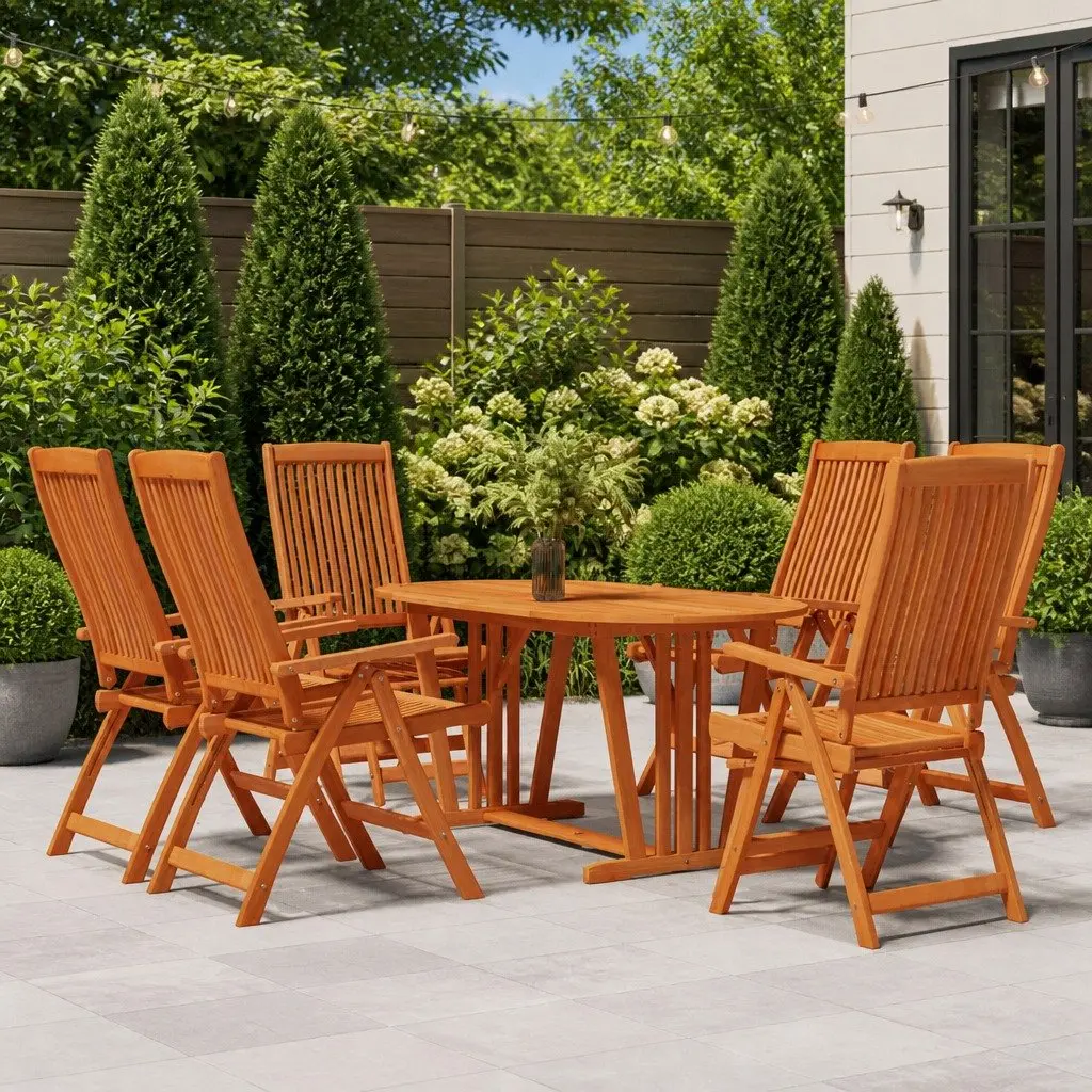 Outdoor Dining Set Rustic Eucalyptus Wood 7 Piece Garden Patio Furniture Brown