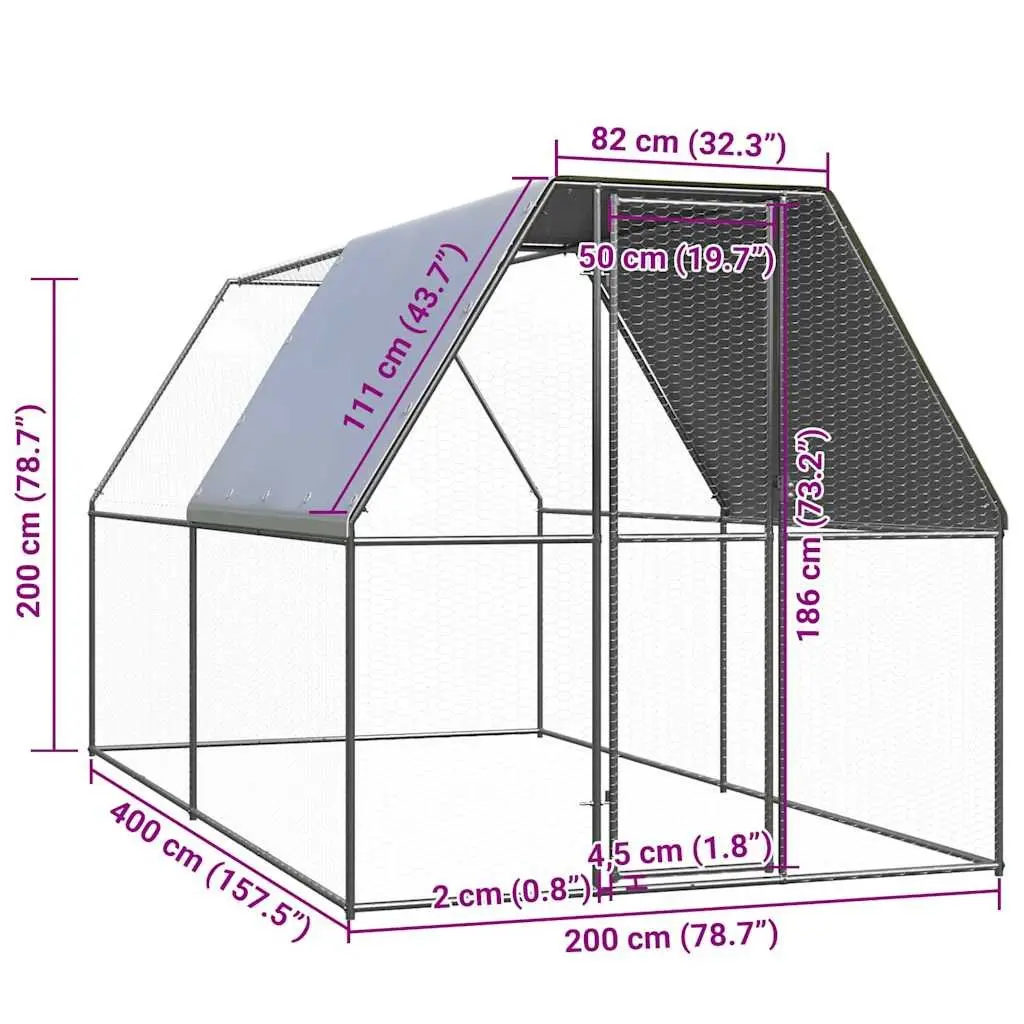 Outdoor Chicken Cage Galvanised Steel 2x4x2 m Coop Run Hen House Aviary