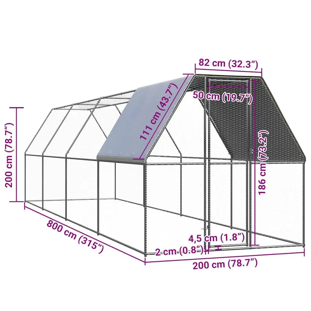 Outdoor Chicken Cage Run Enclosure 2x8x2m Galvanised Steel Water Resistant Roof