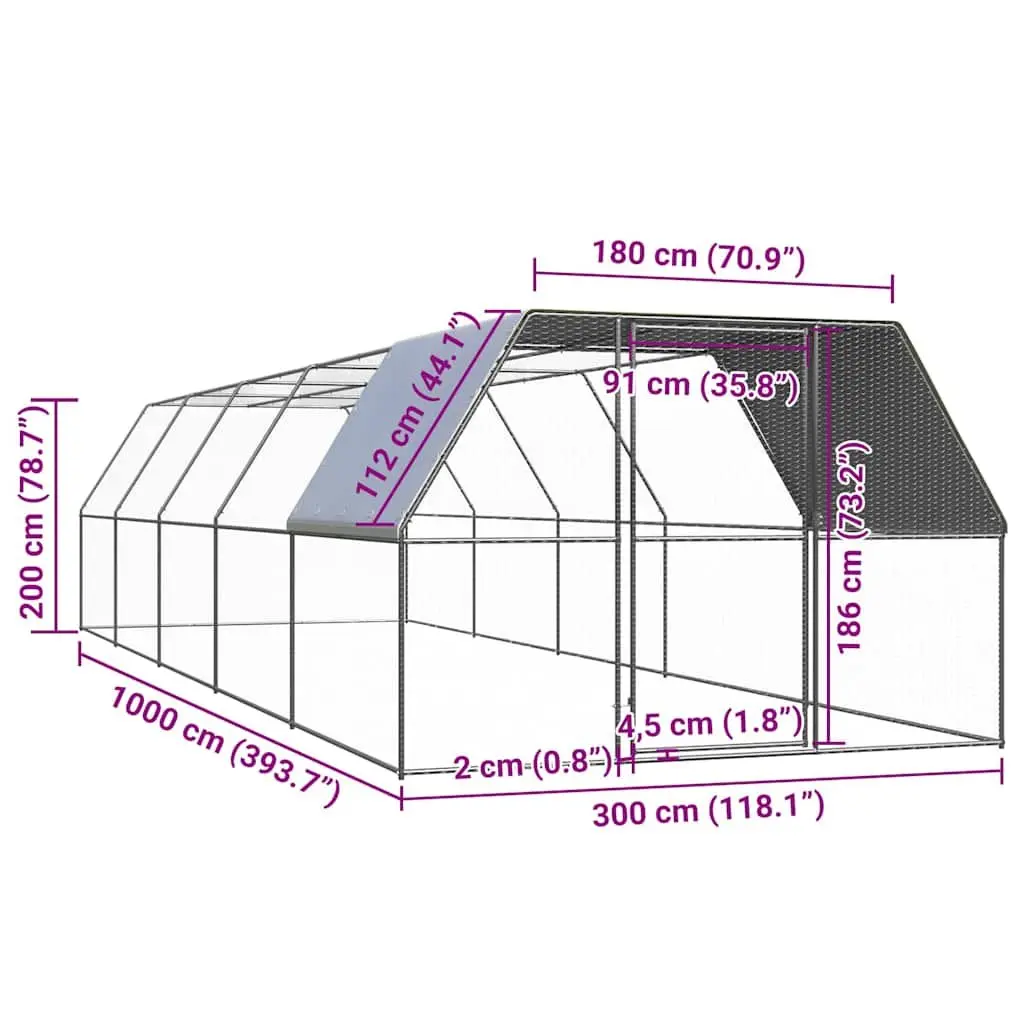 Outdoor Chicken Cage Galvanised Steel 3x10x2m Aviary Run Enclosure