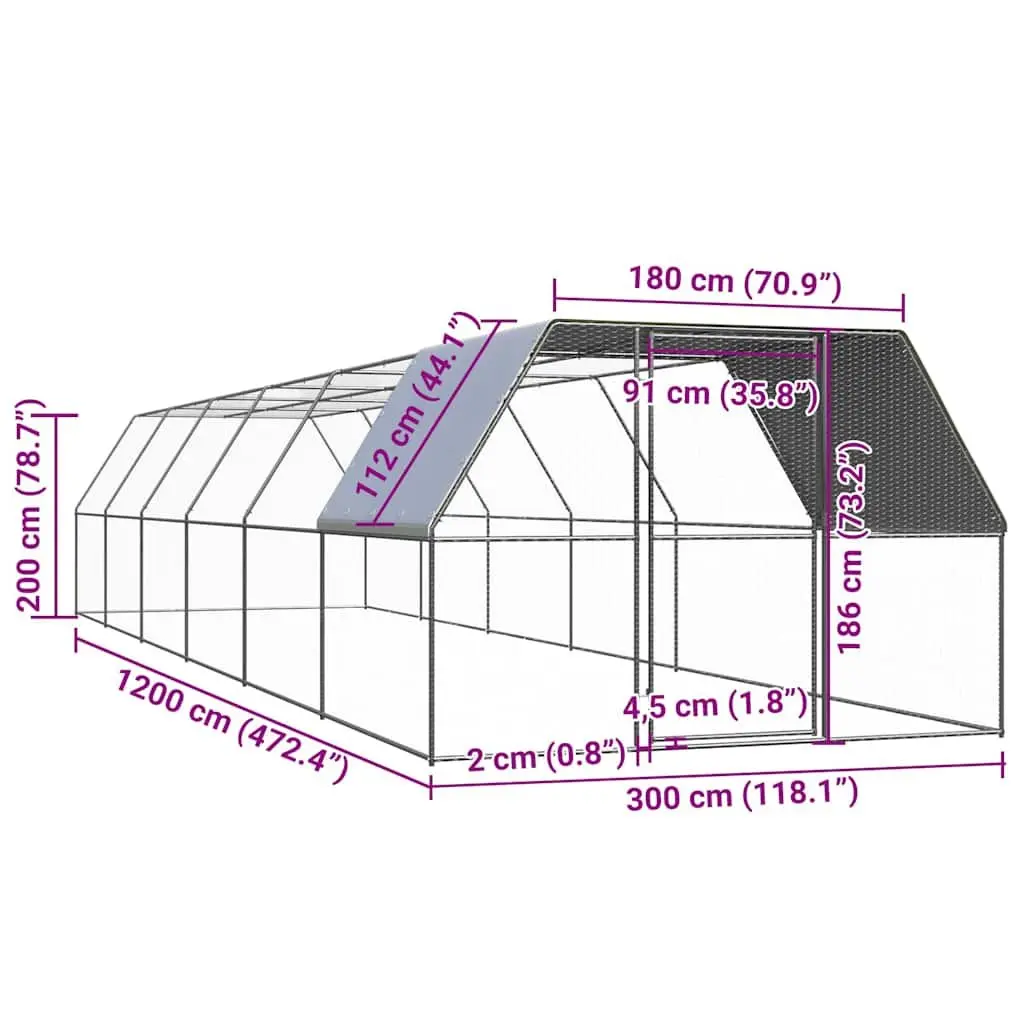 Outdoor Chicken Cage Run Enclosure Galvanised Steel 3x12x2m