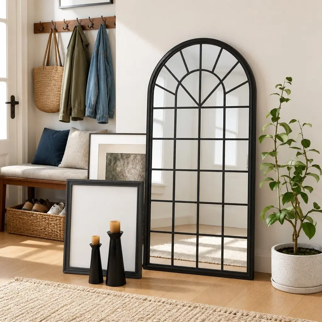 Black Iron Mirror Decorative Accent 90x45 cm Wall Mounted Home Decor