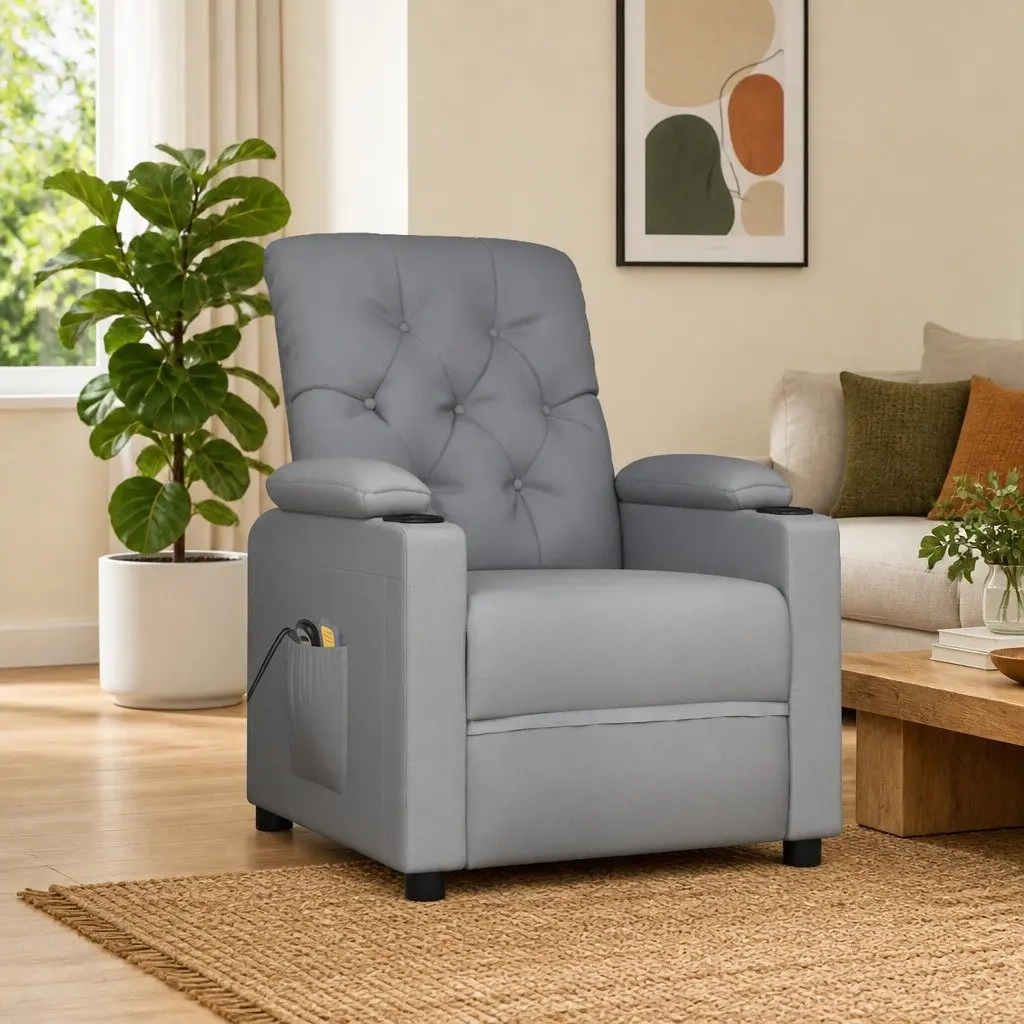 Stand Up Massage Chair Grey Fabric Electric Recliner Lift Function Vibration