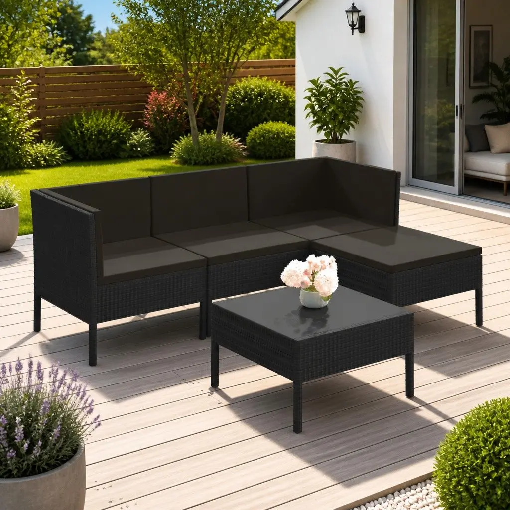 Garden Lounge Set Black Rattan 5 Piece Outdoor Patio Furniture with Cushions