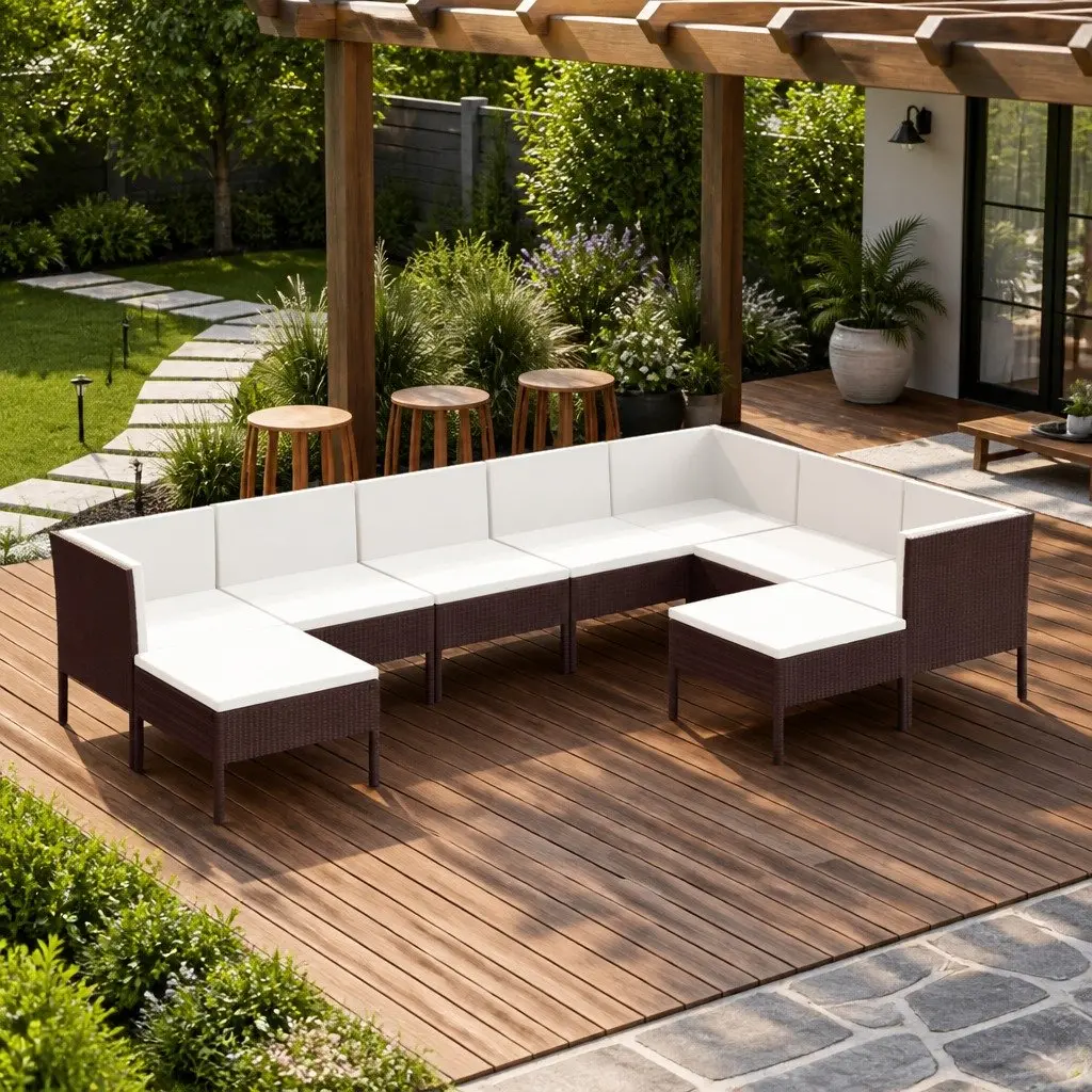 9 Piece Outdoor Garden Lounge Set Brown Poly Rattan Weather Resistant with Soft Cushions