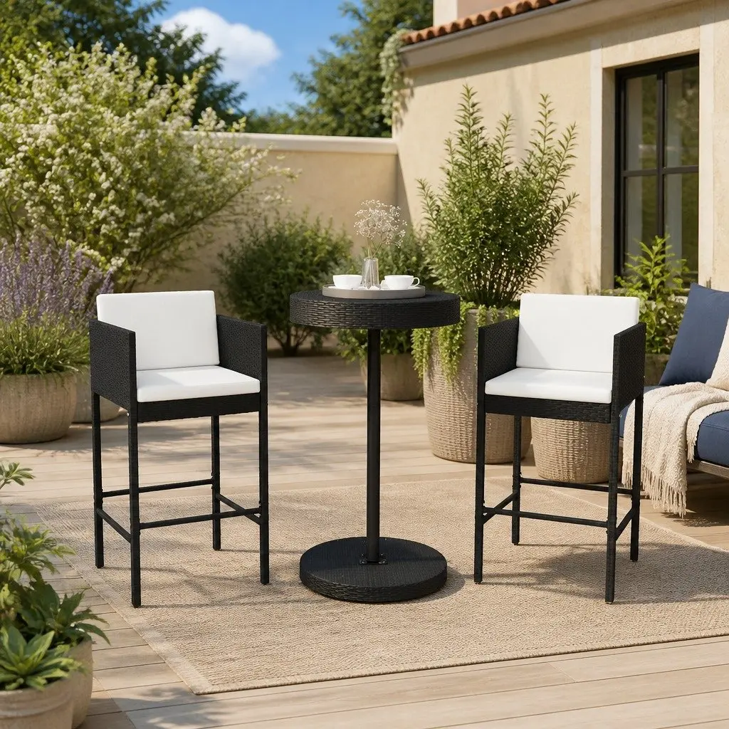 3 Piece Garden Bar Set Outdoor Rattan Table Stools with Cushions Black