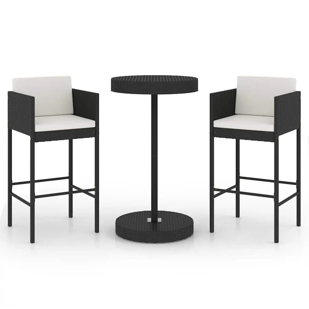 3 Piece Garden Bar Set Outdoor Rattan Table Stools with Cushions Black