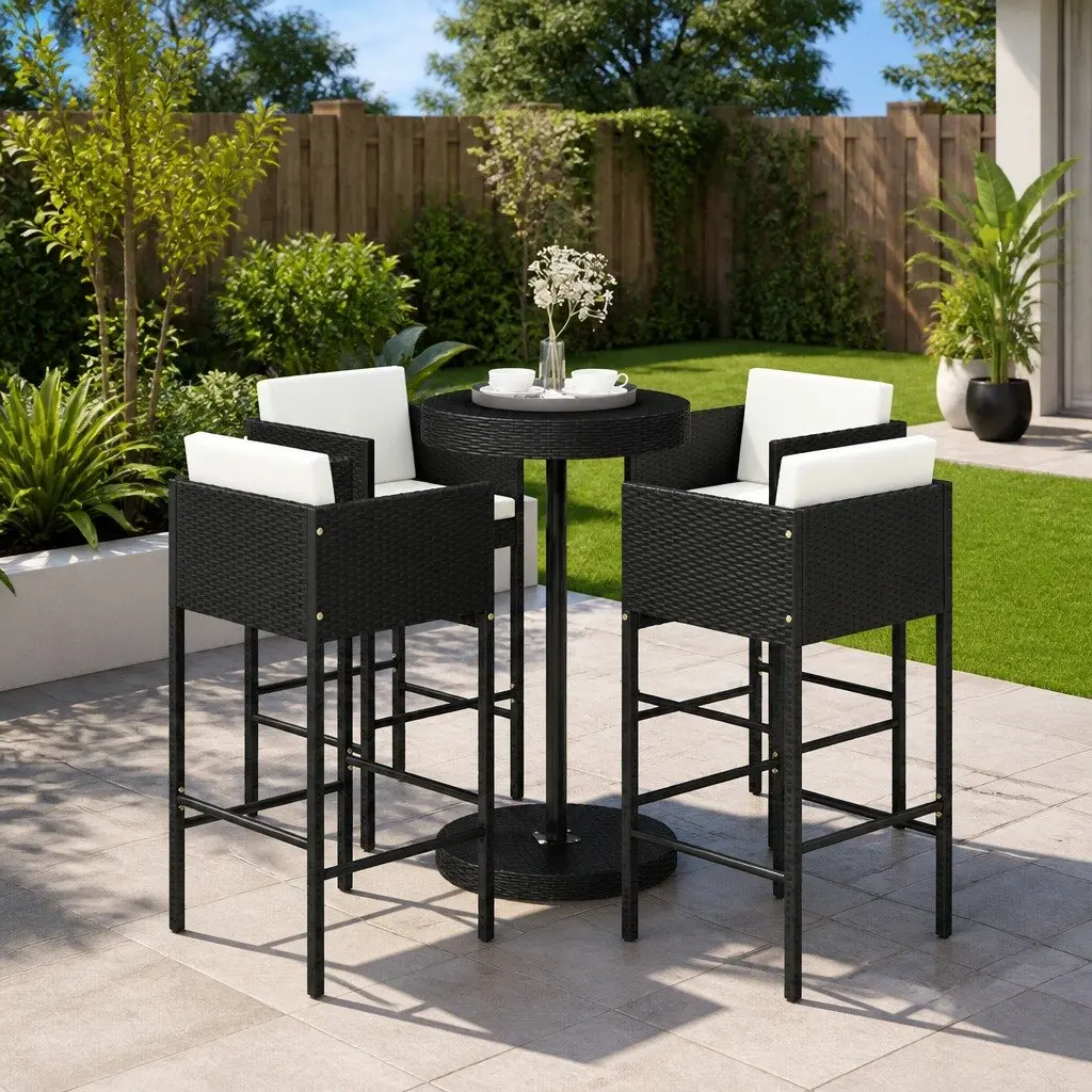 5 Piece Garden Bar Set Cushions Outdoor Rattan Bar Table Stools Black