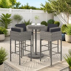 5 Piece Garden Bar Set Outdoor Furniture PE Rattan Grey with Cushions Stools