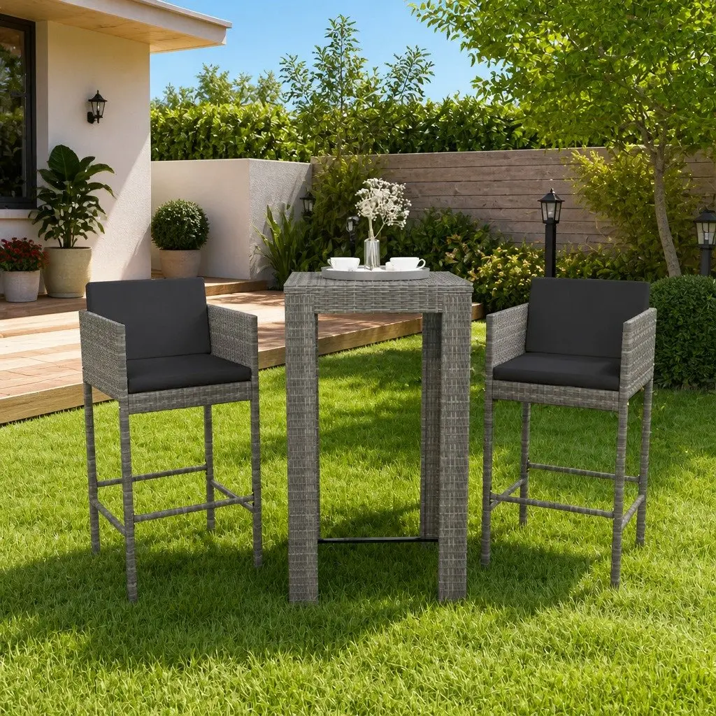 3 Piece Garden Bar Set Cushions Outdoor Rattan Bar Table Stools Grey