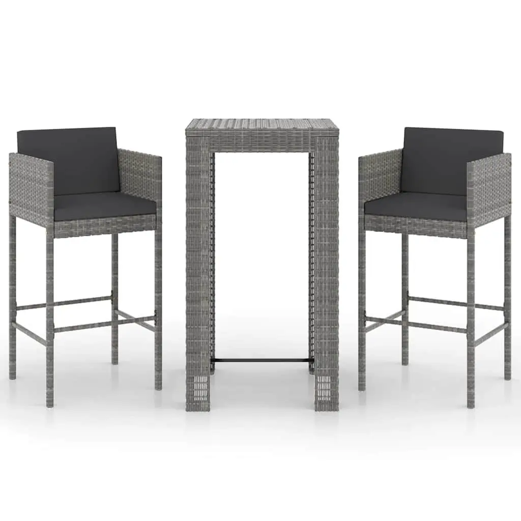 3 Piece Garden Bar Set Cushions Outdoor Rattan Bar Table Stools Grey