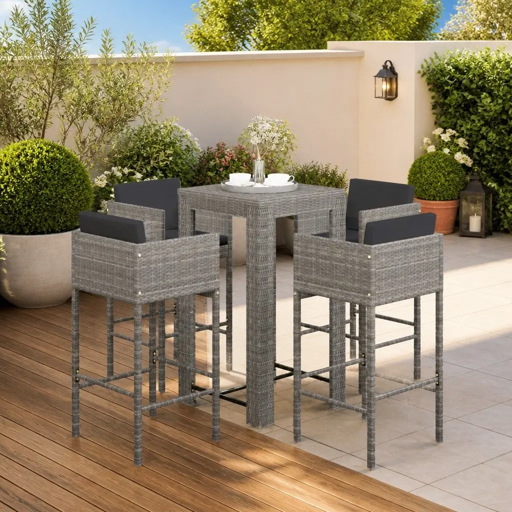 5 Piece Garden Bar Set Weather-resistant PE Rattan Outdoor Table Stools Grey