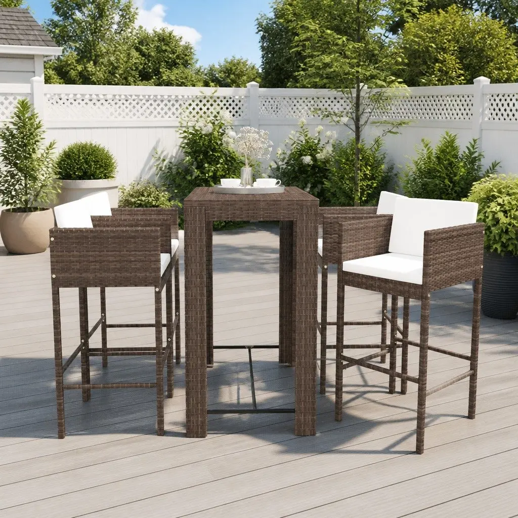 5 Piece Garden Bar Set with Cushions Poly Rattan Outdoor Bar Table Stools Brown