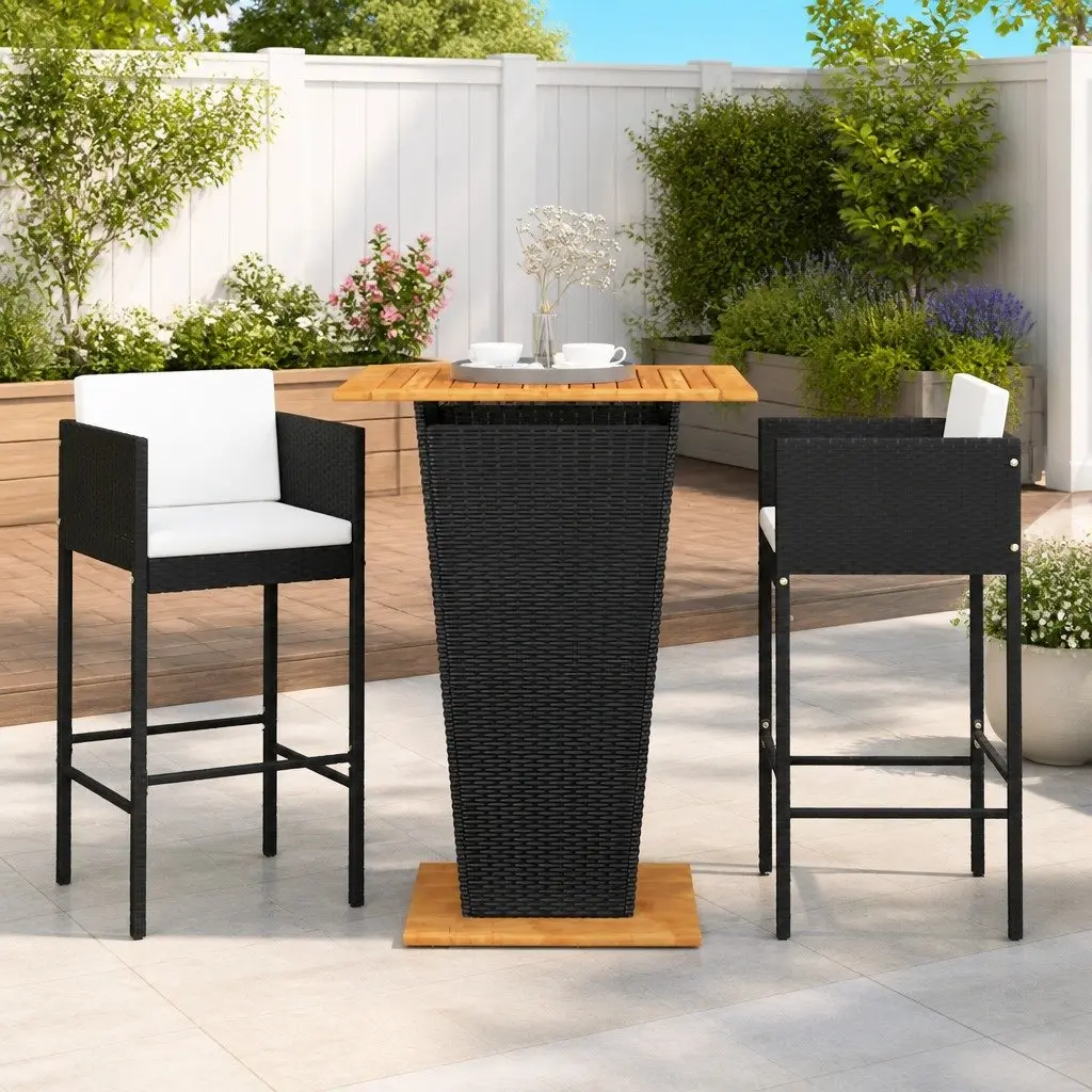 3 Piece Garden Bar Set Cushions Poly Rattan Outdoor Table Stools Black
