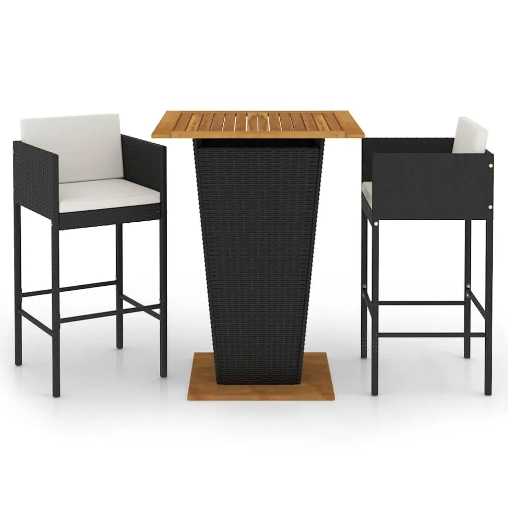 3 Piece Garden Bar Set Cushions Poly Rattan Outdoor Table Stools Black