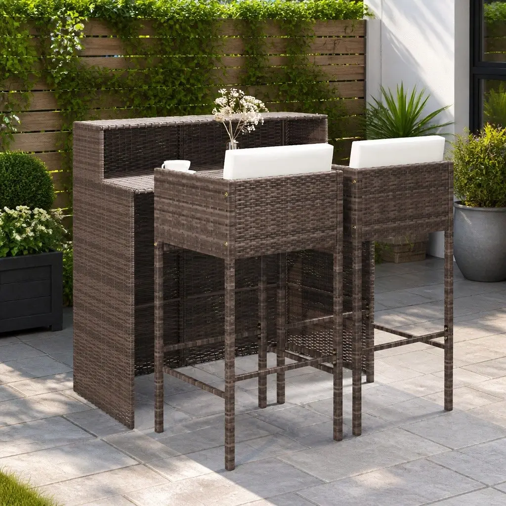 3 Piece Outdoor Bar Set with Cushions Weather-Resistant Poly Rattan Table and Stools Brown