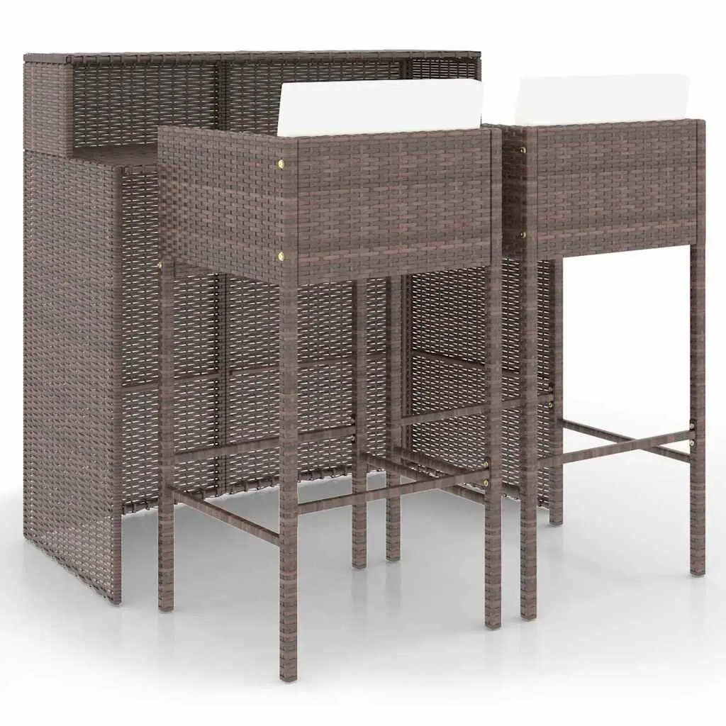 3 Piece Outdoor Bar Set with Cushions Weather-Resistant Poly Rattan Table and Stools Brown