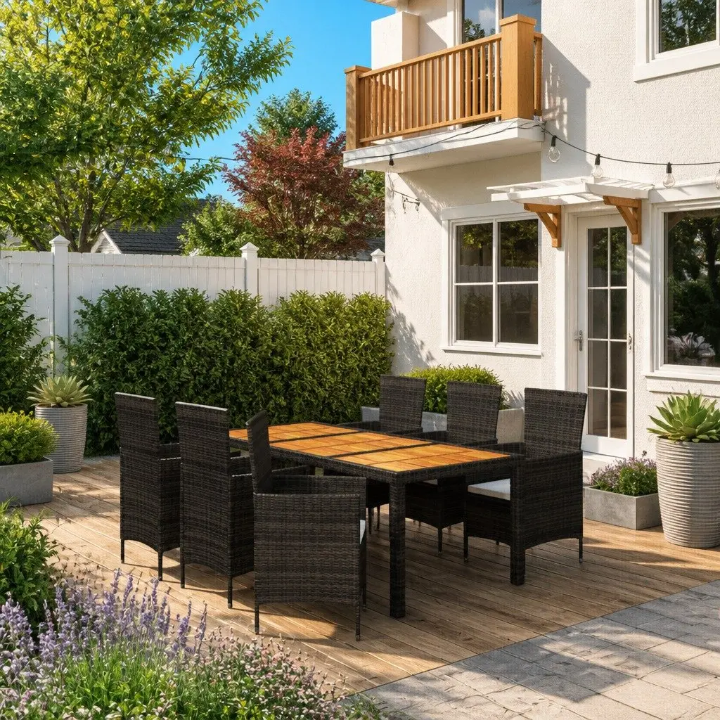 Outdoor Dining Set 7 Piece Garden Furniture Weather Resistant PE Rattan Black with Cushions