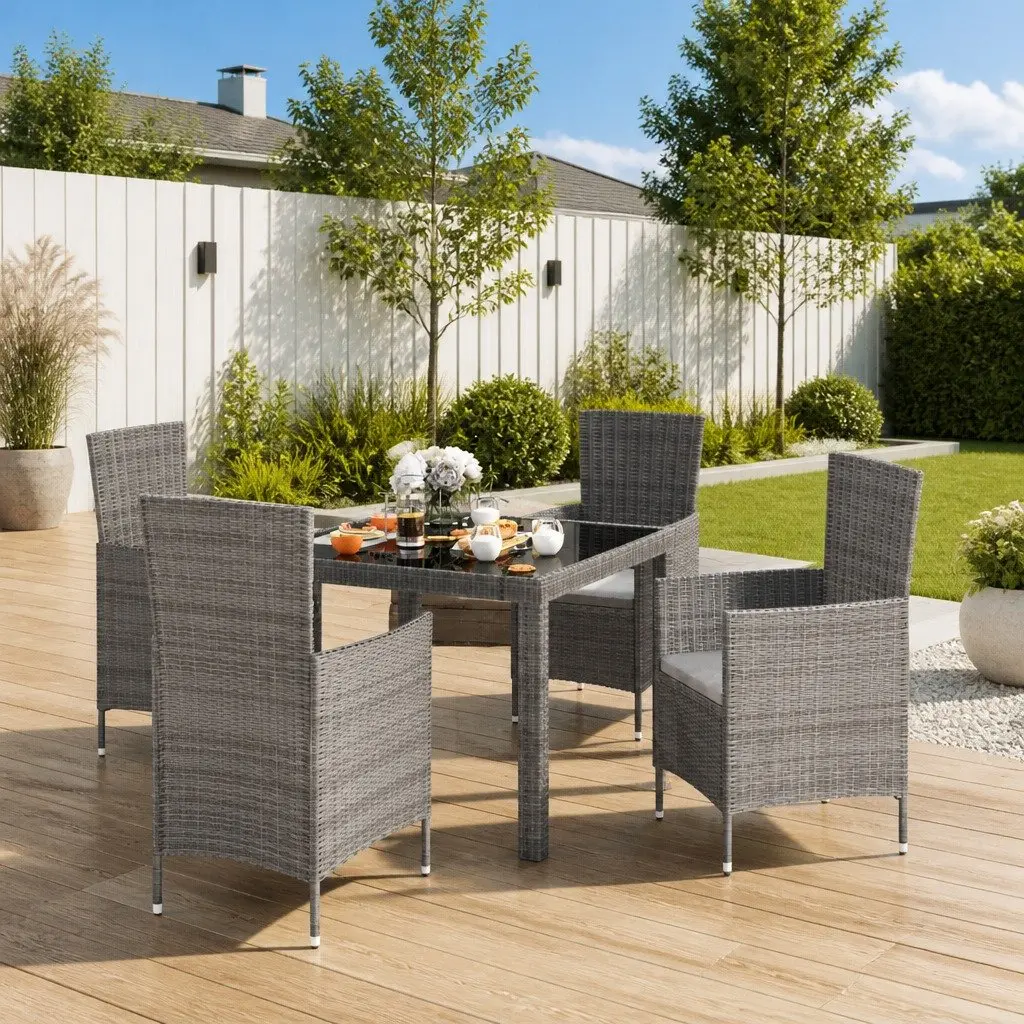 Outdoor Dining Set 5 Piece Grey PE Rattan Steel Frame with Cushions