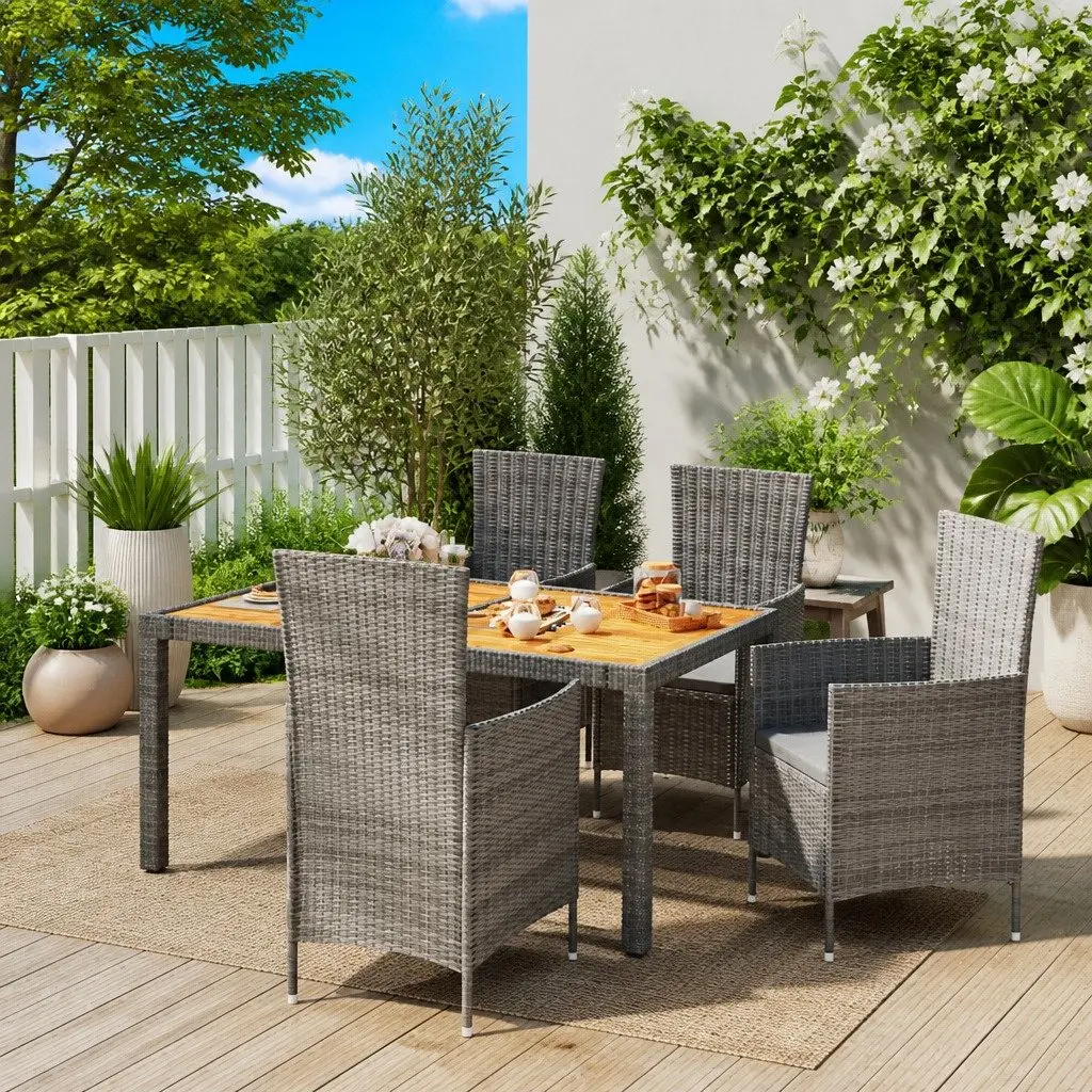 Outdoor Dining Set Grey 5 Piece Garden Furniture PE Rattan Steel Frame Cushions