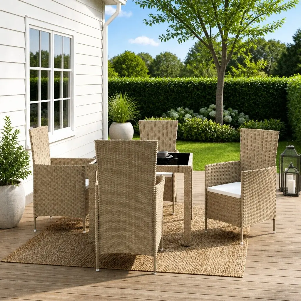 Outdoor Dining Set Beige 5 Piece Poly Rattan Garden Furniture Patio Table Chairs