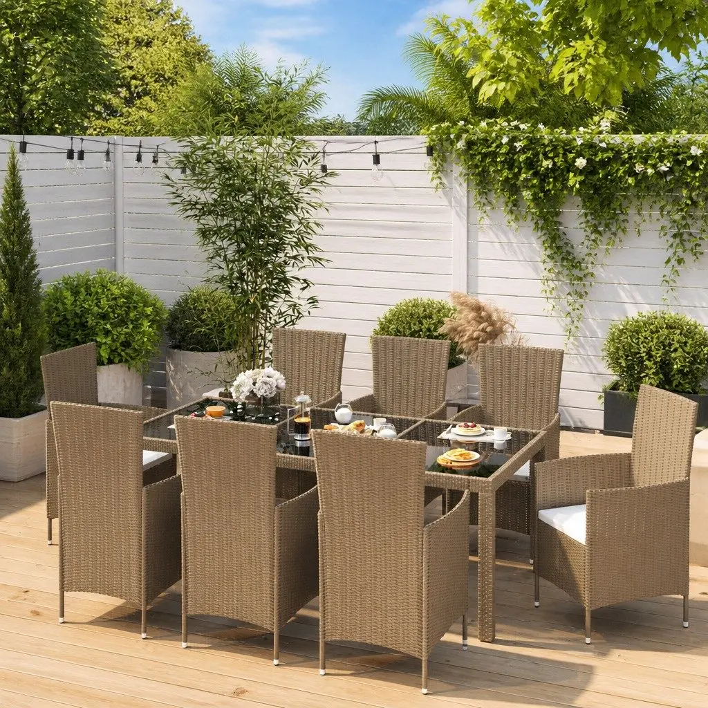 Outdoor Dining Set 9 Piece Beige Poly Rattan Garden Furniture