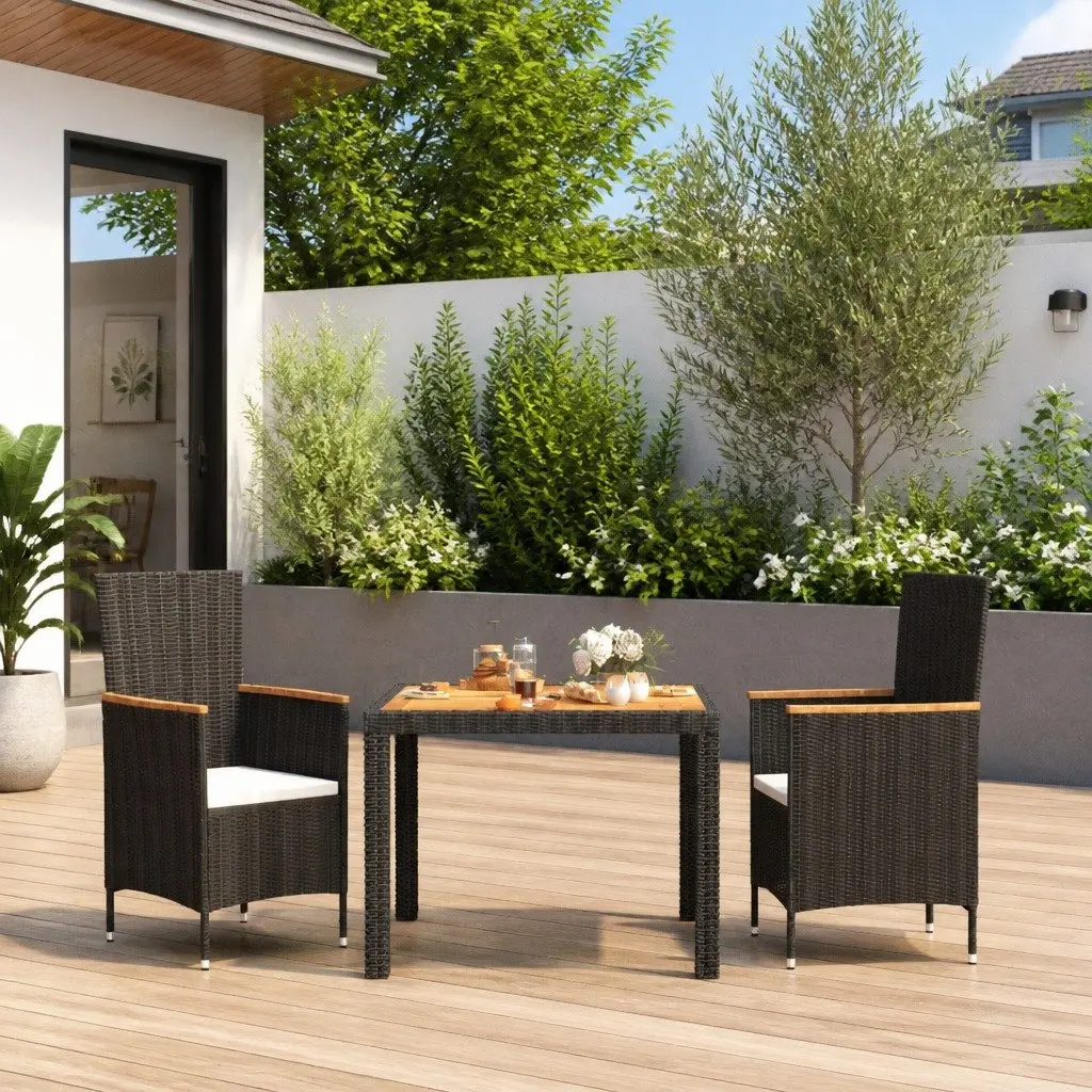 Outdoor Dining Set 3 Piece Black Weather Resistant PE Rattan Garden Furniture with Cushions