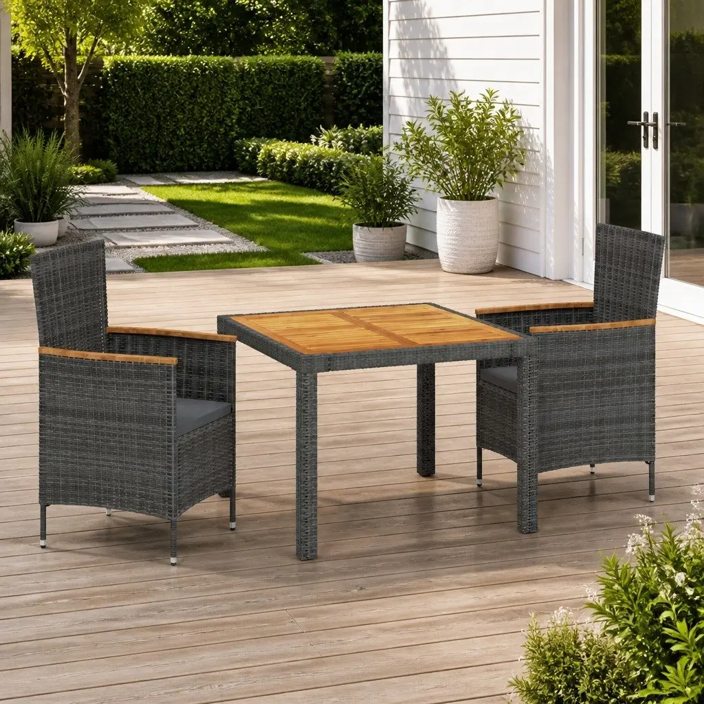 Outdoor Dining Set Grey Poly Rattan 3 Piece Garden Furniture with Cushions